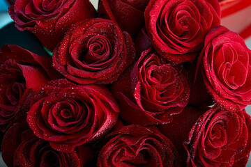 Valentine's Day. Greeting card. red rose petals close up with droplets of water. Macro shot. beautiful shot of tender red rose. aroma, flora concept