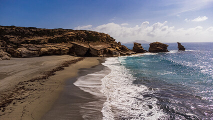 aerial shot of the scenic coastline of the Triopetra beach in Crete, Greece