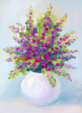 Oil painting. Still life of lush bouquet of bright pink flowers in a blue vase