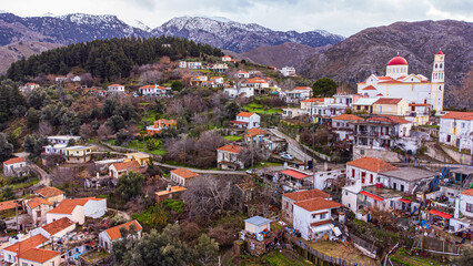 Aerial view of a beautiful old village in the mountains of crete, Greece