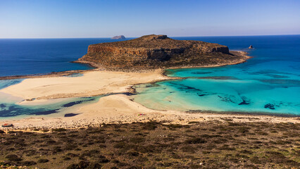 Scenic aerial drone shot of empty Balos Beach in Crete, Greece