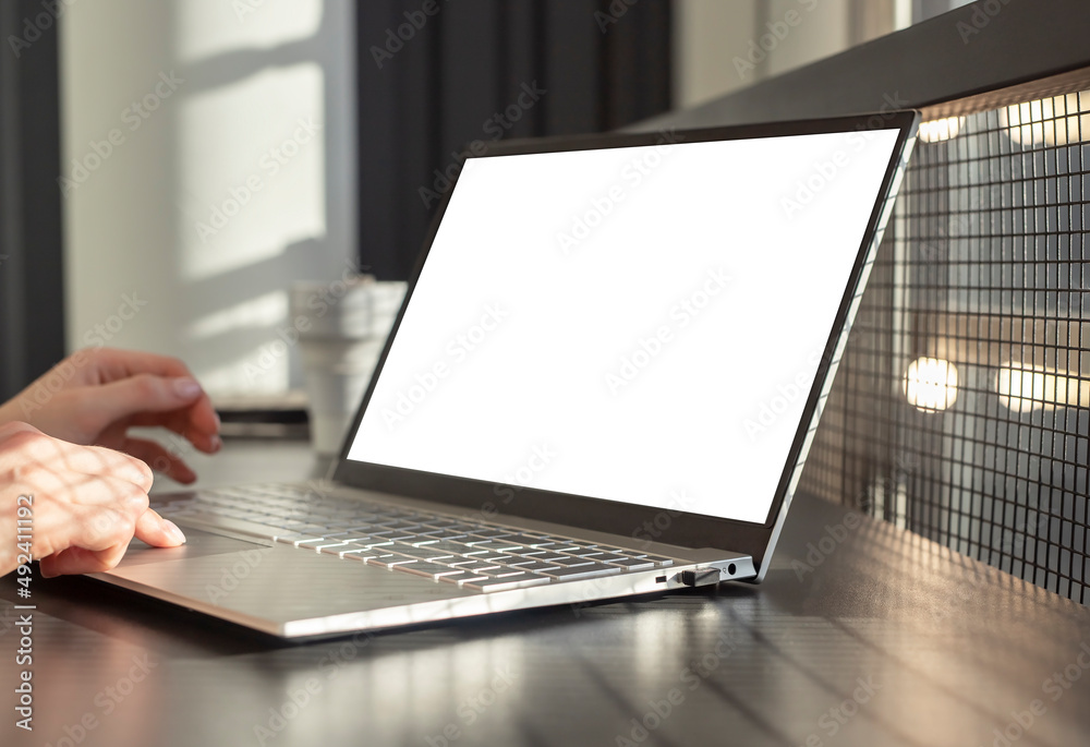 Poster Hands at laptop with computer mockup screen, template for advertisement.