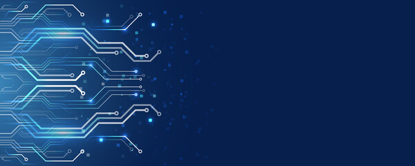 Hi-tech vector illustration with various technology elements. Abstract global sci fi concept. Digital internet communication on blue background. Wide Cyber security internet and networking concept.