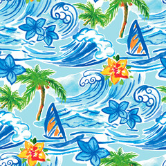 Fototapeta na wymiar Hawaiian Waves Seamless Pattern. Hawaii Vacation Print