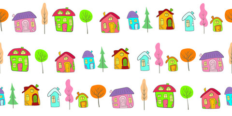 Cute funny cartoon houses and trees seamless pattern. Vector illustration.