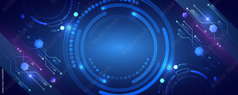 Wall mural hi-tech computer digital technology concept. wide blue background with various technological element