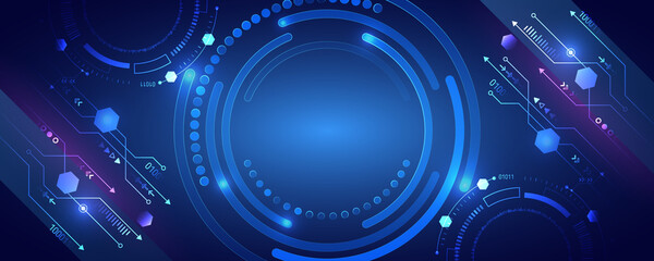 Hi-tech computer digital technology concept. Wide Blue background with various technological elements. Abstract circle technology communication, vector illustration. - obrazy, fototapety, plakaty