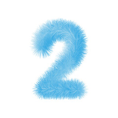 Furry number 2 font vector. Easy editable digit. Soft and realistic feathers. Number 2 with blue fluffy hair isolated on white background.