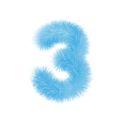 Furry number 3 font vector. Easy editable digit. Soft and realistic feathers. Number 3 with blue fluffy hair isolated on white background.