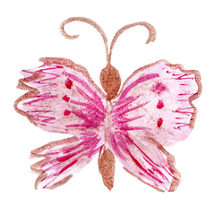 Butterfly watercolor drawing. Hand-drawn beautiful insect with pink wings. Childish illustration