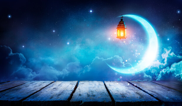 Ramadan Kareem - Moon And Arabic Lantern On Table With Abstract Defocused Lights - Eid Ul Fitr