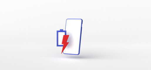 Smartphone and Battery Level isolate on White background, lightning, 3d rendering.