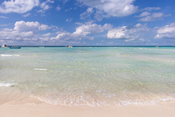 Mexico, Cancun, Isla Mujeres, Playa Norte beach with palms trees and sand waiting for tourists.