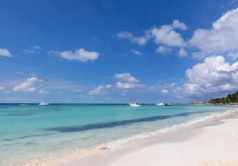 Fototapeta na wymiar Mexico, Cancun, Isla Mujeres, Playa Norte beach with palms trees and sand waiting for tourists.