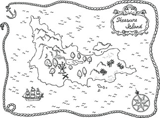 Treasure island pirate map, antique, illustrated with ink, vector.