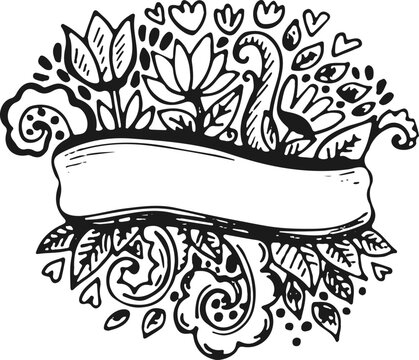 Hand-drawn ribbon for text, Decorative element with flovers
