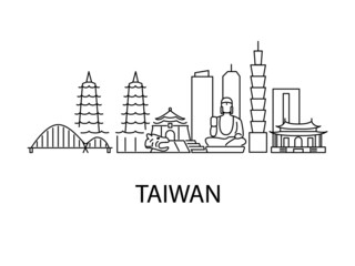 Taiwan city landscape with famous places. Taiwanese culture concept with outline icons. Vector stock illustration