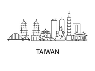 Obraz premium Taiwan city landscape with famous places. Taiwanese culture concept with outline icons. Vector stock illustration