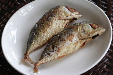closed up Fried short bodied mackerel fishes on white plate .Thai popular food
