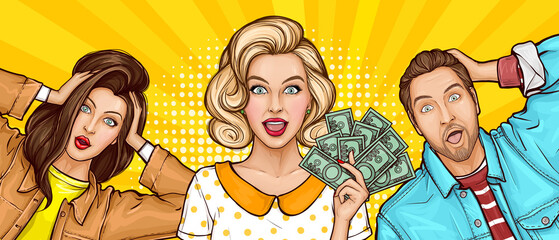 Pop art surprised rich girl holding and showing money cash. Shocked man and woman with wow emotion, open mouth and wonder expression on yellow background. Concept of winnings or sale announcement. - obrazy, fototapety, plakaty