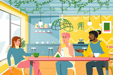 Friends drinking coffee at cafe. Diverse group of people talking and having fun together at restaurant. Guys and girls laughing, having a fun conversation at coffee shop. Vector illustration