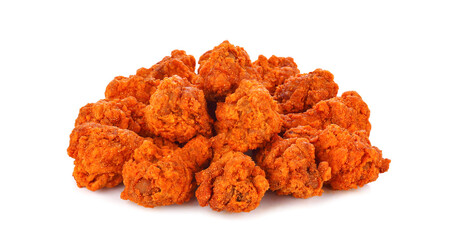 Heap of fried spicy chicken isolated on white background.