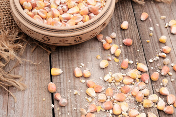 Dried corn seeds in a wooden plate, bowl, next to an empty spoon on a light wood background. The concept of harvest, price increase, export, import