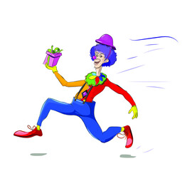 funny clown running with gift box in hand