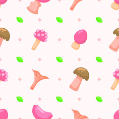 Seamless Pattern Abstract Elements Mushrooms Leaves Leaf Forest Vector Design Style Background Illustration Texture For Prints Textiles, Clothing, Gift Wrap, Wallpaper, Pastel