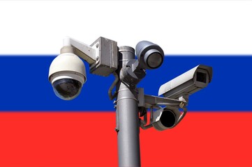 closed circuit camera Multi-angle CCTV system against the background of the national flag of Russia. Total control.