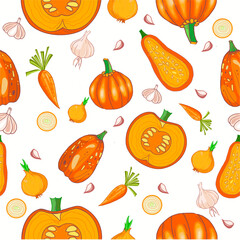 Orange pumpkins, root vegetables, onions, carrots, garlic, autumn harvest background  seamless, hand drawn, vector
