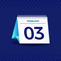 White and blue calendar on Navy blue background. February 3th. Vector. 3D illustration.