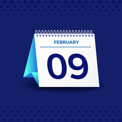 White and blue calendar on Navy blue background. February 9th. Vector. 3D illustration.