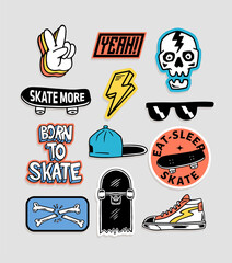 Skateboarding badges, stickers. Vector illustrations of peace hand sign, skull, hat, shoes, sunglasses, lightning and skateboard. - obrazy, fototapety, plakaty