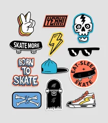 Fotobehang Skateboarding badges, stickers. Vector illustrations of peace hand sign, skull, hat, shoes, sunglasses, lightning and skateboard. © cddesign.co