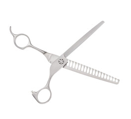 Scissors for cutting people and pets. Grooming scissors. Opened scissors on a white isolated background. Side view.