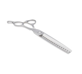 Scissors for cutting people and pets. Grooming scissors. Closed scissors on a white isolated background. Angle view.