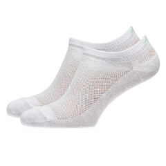 A pair of fabric socks stands on a white isolated background. Volumetric socks on a transparent mannequin. White socks.