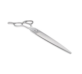 Scissors for cutting people and pets. Grooming scissors. Closed scissors on a white isolated background. Angle view.
