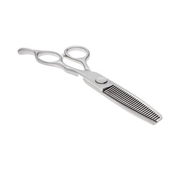 Scissors for cutting people and pets. Grooming scissors. Closed scissors on a white isolated background. Angle view.