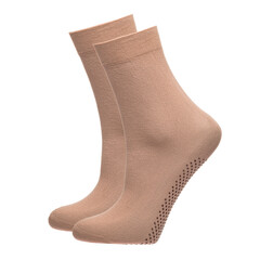 A pair of fabric socks stands on a white isolated background. Volumetric socks on a transparent mannequin. Brown socks.