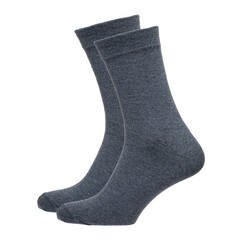 A pair of fabric socks stands on a white isolated background. Volumetric socks on a transparent mannequin. Gray socks.