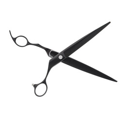 Scissors for cutting people and pets. Grooming scissors. Opened scissors on a white isolated background. Side view.