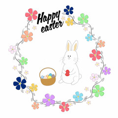 happy easter day greeting card with bunny and eggs basket. white background