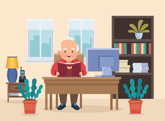 grandfather studing in desktop