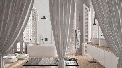 Obraz premium White openings curtains overlay minimalist bathroom, interior design background, front view, clipping path, vertical folds, soft tulle textile texture, stage concept with copy space