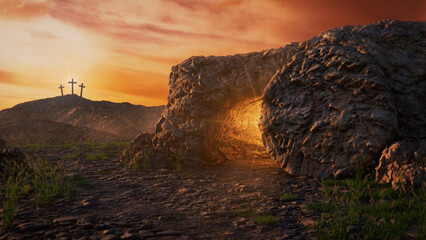The Resurrection of Jesus Christ, with Empty Tomb and Crucifix at Sunrise. Easter Background.