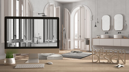 Architect designer project concept, wooden table with keys, 3D letters words bathroom design and desktop showing draft, blueprint CAD sketch in the background, modern interior design