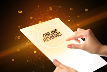 holding futuristic tablet, social media concept