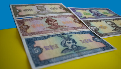 The first banknotes of Ukraine, sample 1992. The first Ukrainian hryvnia made in Canada. Denominations 1, 2, 5, 10, 20 against the background of the Ukrainian flag. Symbol of the independence.
